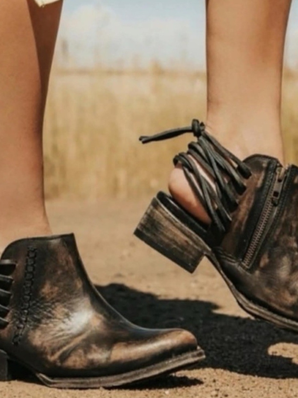 Freebird Distressed Brown Leather Ankle Booties with Lace-Up Back